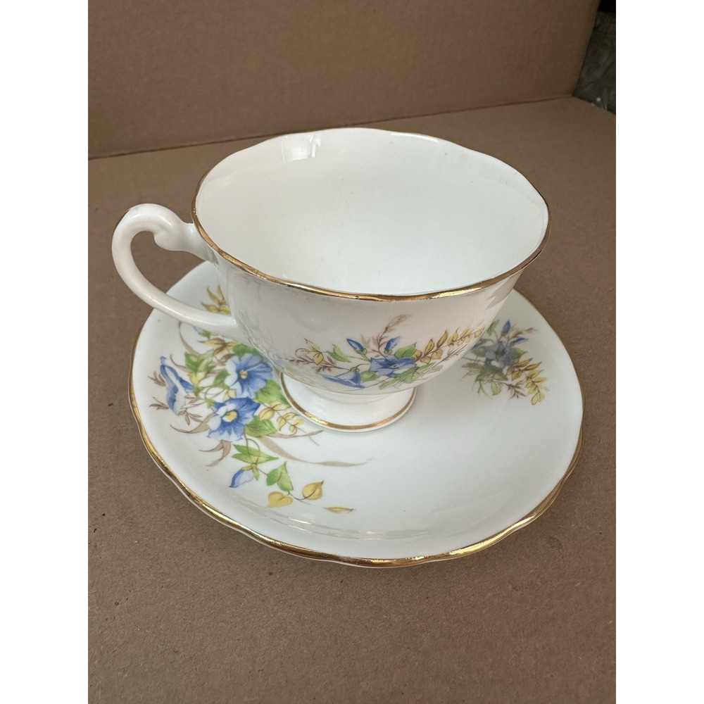 Vintage Clarence Bone China Teacup Saucer Set Blue Flowers Gold Trim England
